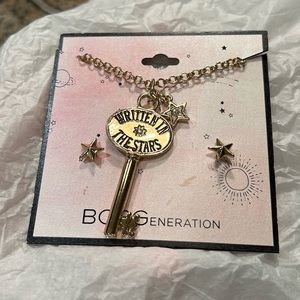 NWT BCBGeneration Gold Written In The Stars Key Charm Necklace & Star Earrings!